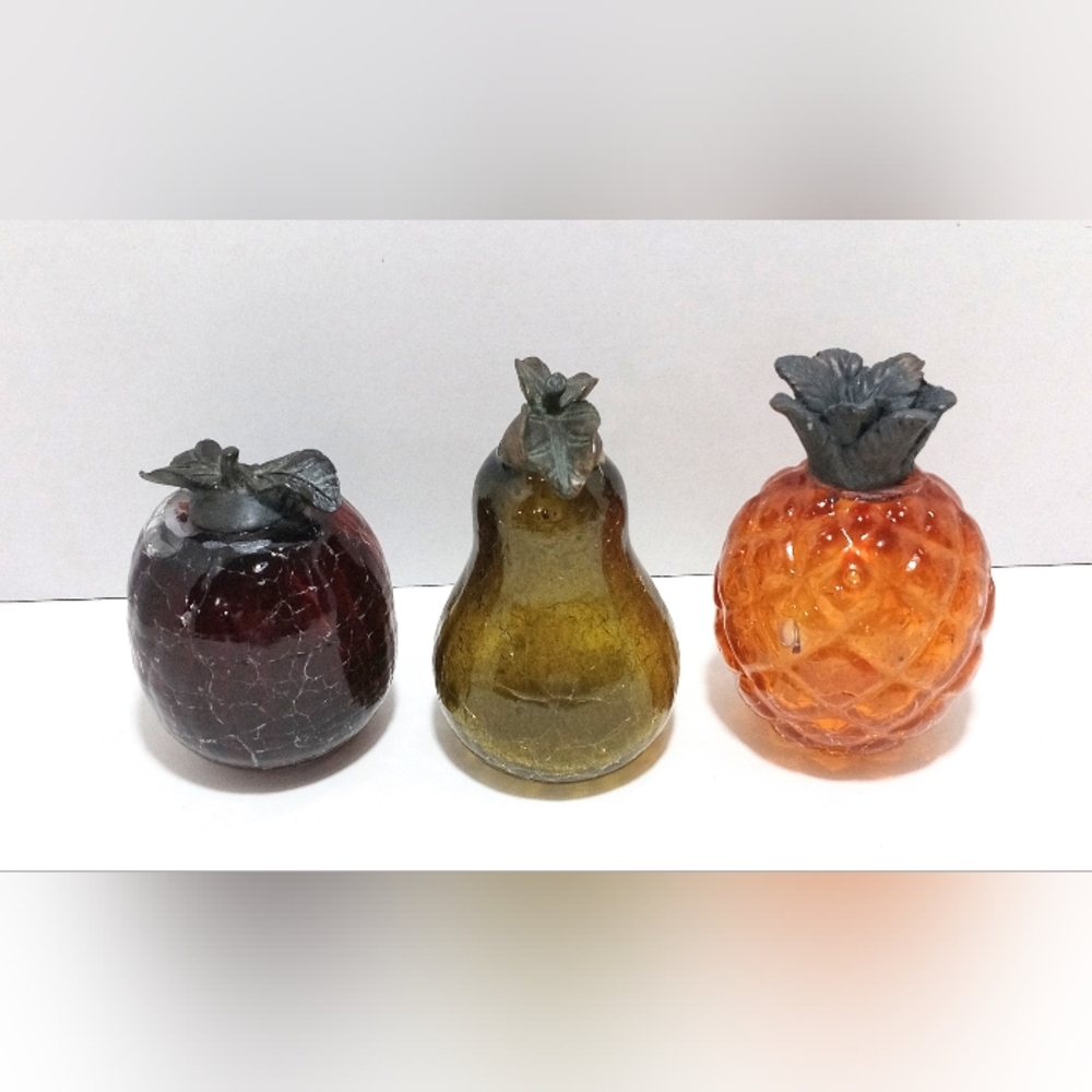 Crackle Glass Fruit Lot of 3 Vintage Kitchen Bronze Tone Stems